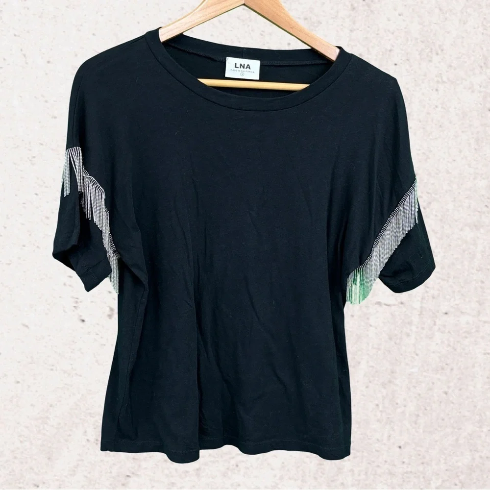 LNA Black Boxy Embellished Short Sleeve Tee